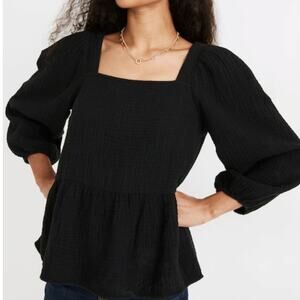 Madewell Lightspun Millbrook Puff Sleeve Peplum Top Square Neck Black Cotton XS